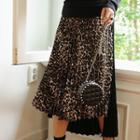 Leopard-panel Asymmetric-hem Pleated Skirt