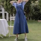 Set: Short-sleeve Gingham T-shirt + Plain Overall Dress