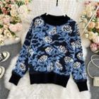Rose Printed Round-neck Over-sized Knitted Sweater Blue - One Size