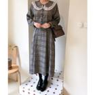 Lace-collar Plaid Dress Gray - One Size