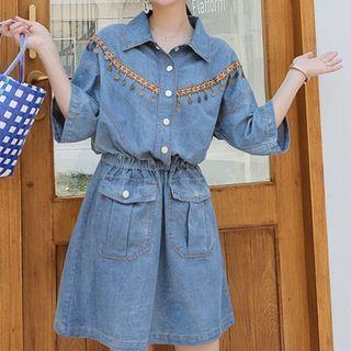 Elastic Waist Embroidered Denim Dress
