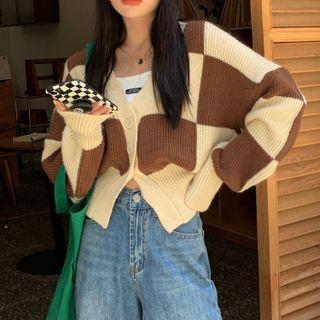 V-neck Check Crop Cardigan