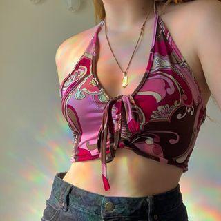 Halter-neck Print Drawstring Cropped Top