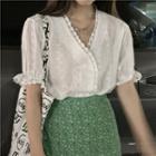 Short-sleeve Lace Button-up Blouse / Floral Print Midi Skirt