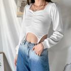 Long-sleeve Square-neck Clip Detail Crop Top