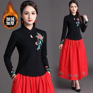 Long-sleeve Embroidered Mandarin Collar T-shirt
