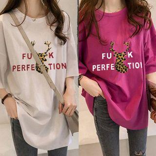 3/4-sleeve Leopard Print Deer T-shirt