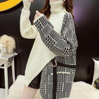 Patterned Panel Turtleneck Sweater