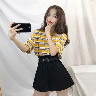 Striped Short-sleeve T-shirt / Plain High-waist Shorts