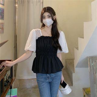 Short-sleeve Dotted Flowy Blouse Black & White - One Size