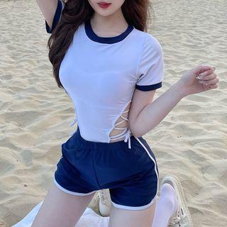 Set: Short-sleeve Lace-up Swimsuit + Shorts