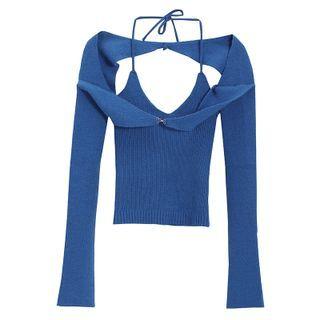 Set: Long-sleeve Plain Shawl + Sleeveless Halter Knit Top Blue - One Size