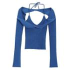 Set: Long-sleeve Plain Shawl + Sleeveless Halter Knit Top Blue - One Size