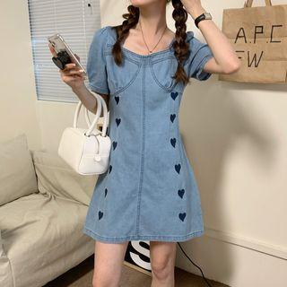 Heart Embroidered Puff-sleeve Denim Dress