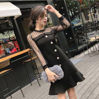 Tie-waist Panel Mesh Sheath Dress