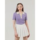 Contrast-collar Embroidered Knit Top Lavender - One Size