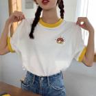 Short-sleeve Rainbow Embroidered Ringer T-shirt As Shown In Figure - One Size