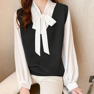 Set: Bow-neck Blouse + Sweater Vest