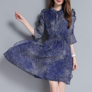 Star Print Elbow Sleeve Chiffon Dress