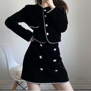 Set: Faux Pearl Cropped Button Jacket + Mini Pencil Skirt