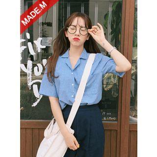 Notched-lapel Elbow-sleeve Striped Cotton Shirt