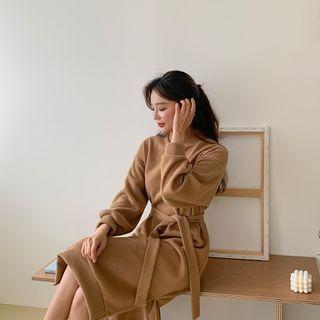 Turtle-neck Rib-knit Dress With Sash