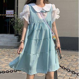 Short-sleeve Collared Frill Trim Blouse / Tiered Mini A-line Overall Dress