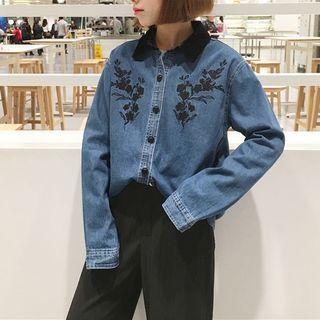 Flower Embroidered Velvet Collared Denim Jacket