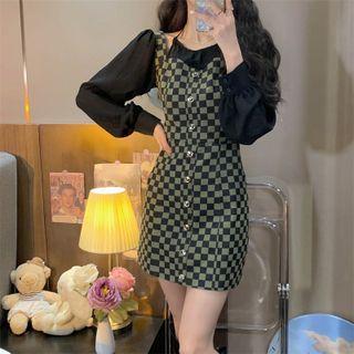 Long-sleeve Plaid Mock Two-piece Mini Dress