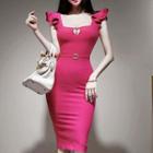 Ruffle Strap Square-neck Cutout Bodycon Dress