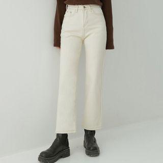 Plain Straight-leg Jeans With Fleece