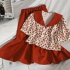 Set: Short-sleeve Floral Print Blouse + Midi A-line Skirt