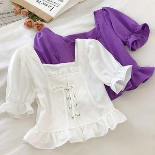 Square Neck Puff-sleeve Ruffle Trim Blouse