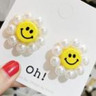 Acrylic Smiley Face Faux Pearl Stud Earring 1 Pair - Yellow & White - One Size