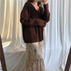 V-neck Sweater / Long-sleeve Floral Print Midi Dress