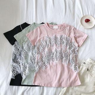 Mock Two-piece Lace Spaghetti-strap Panel Short-sleeve Top
