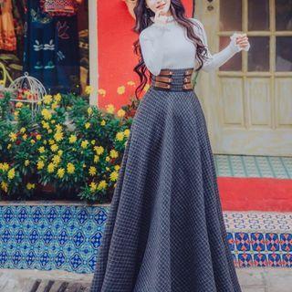Set: Long-sleeve Mock-neck Knit Top + Lace-up Check Maxi A-line Skirt