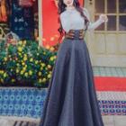 Set: Long-sleeve Mock-neck Knit Top + Lace-up Check Maxi A-line Skirt