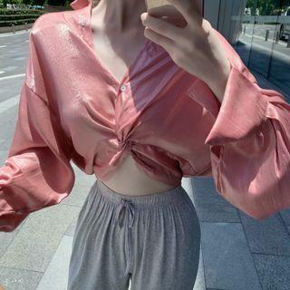 Long-sleeve Twist-front Crop Top / Harem Pants