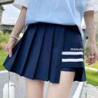 Striped Mini Pleated Skirt / Short-sleeve Mock Two-piece Embroidered T-shirt