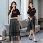 Set: Lettering Short-sleeve T-shirt + Midi Mesh Skirt