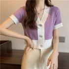 V-neck Two-tone Knit Cardigan