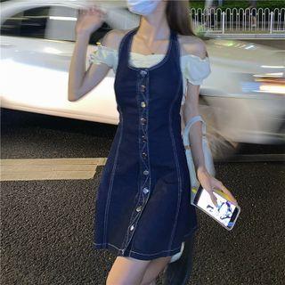 Off-shoulder Plain Top / Denim Overall