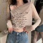 Cold-shoulder Lettering T-shirt Lettering - Melange Beige - One Size
