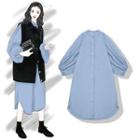 Puff-sleeve Band Collar Long Shirt Blue - One Size