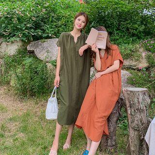 Mandarin-collar Long Linen Dress