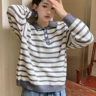 Long-sleeve Striped Knit Polo Shirt Gray - One Size