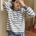 Long-sleeve Striped Knit Polo Shirt Gray - One Size