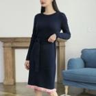 Frilled-hem Ribbed Knit Dress With Sash