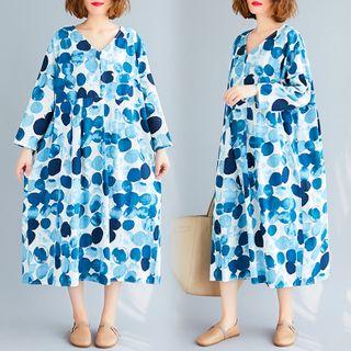 Long-sleeve Dotted Midi Shift Dress As Shown In Figure - One Size